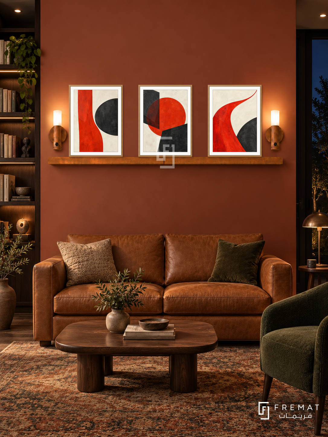 Vermilion Counterpoint shelf set in wooden texture frames, three 30 x 40 cm artworks with equal 2 cm borders, 130 cm honey wood shelf and two warm sensor lamps. Warm library lounge at night.
