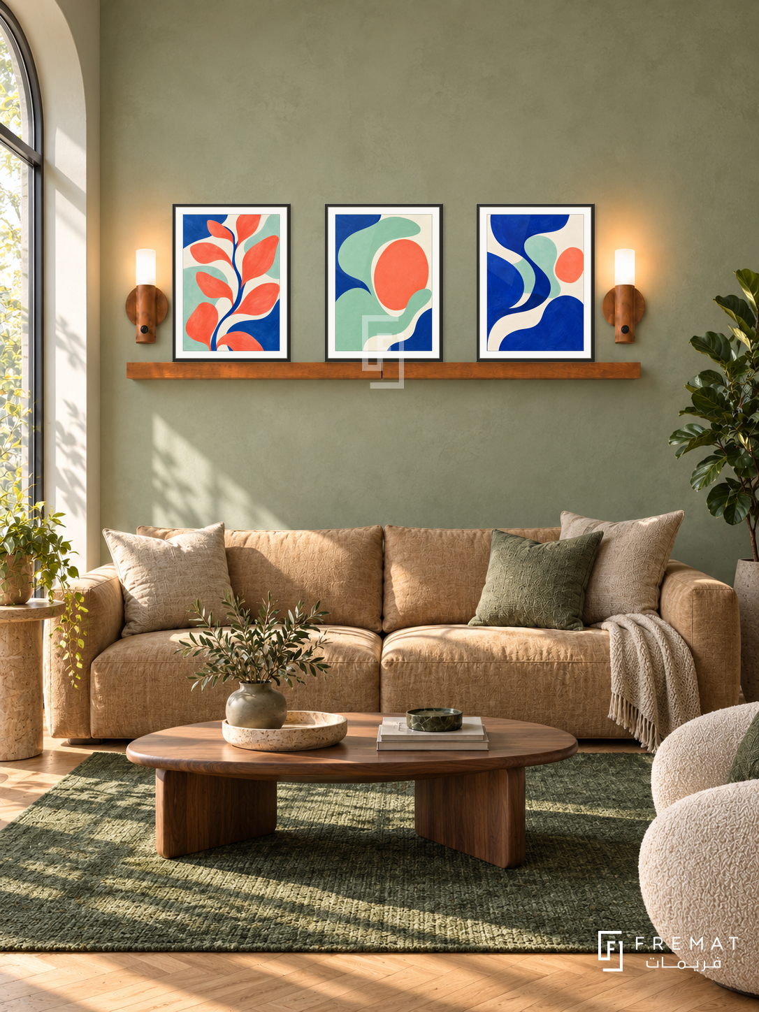 Electric Garden shelf set, black frames, three 30 x 40 cm artworks with 2 cm white borders, 130 cm honey wood shelf and two warm sensor lamps. Green living room in morning sunlight.