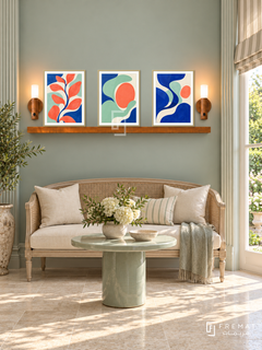 Electric Garden shelf set, gold frames, three 30 x 40 cm artworks with 2 cm white borders, 130 cm honey wood shelf and two warm sensor lamps. French garden sitting room in morning light.