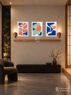 Electric Garden shelf set, white frames, three 30 x 40 cm artworks with 2 cm white borders, 130 cm honey wood shelf and two warm sensor lamps. Japanese entrance at night.