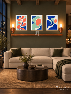 Electric Garden shelf set, wooden texture frames, three 30 x 40 cm artworks with 2 cm white borders, 130 cm honey wood shelf and two warm sensor lamps. Contemporary loft at night.