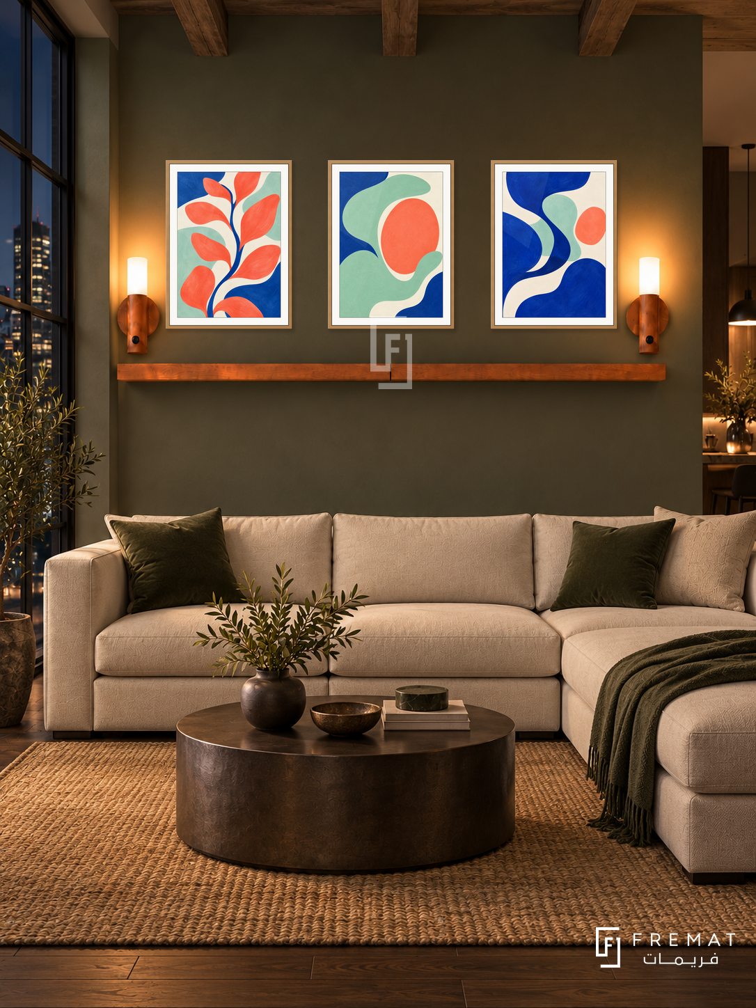Electric Garden shelf set, wooden texture frames, three 30 x 40 cm artworks with 2 cm white borders, 130 cm honey wood shelf and two warm sensor lamps. Contemporary loft at night.