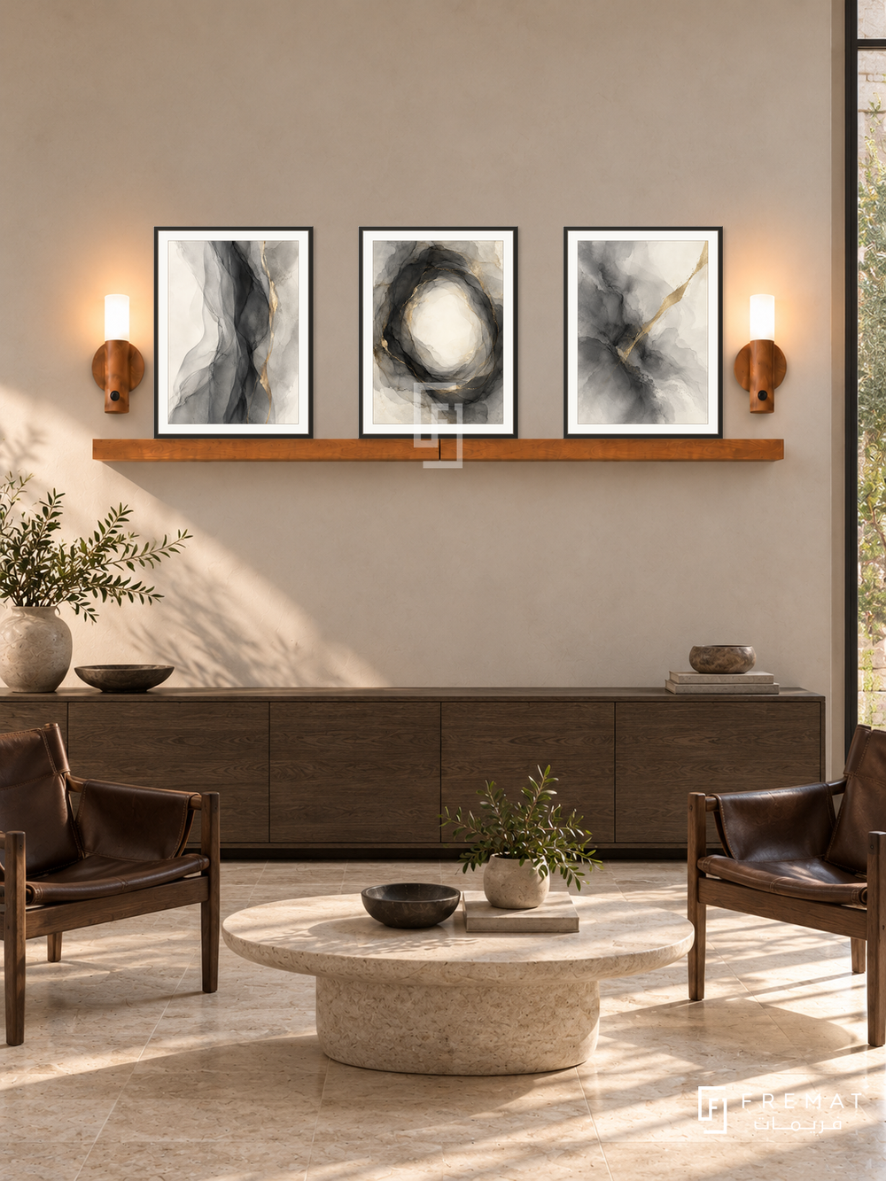 Smoke and Brass complete shelf set in black frames: three 30 x 40 cm artworks, 2 cm white borders, honey wood shelf and two sensor lamps. Belgian reception in morning light.