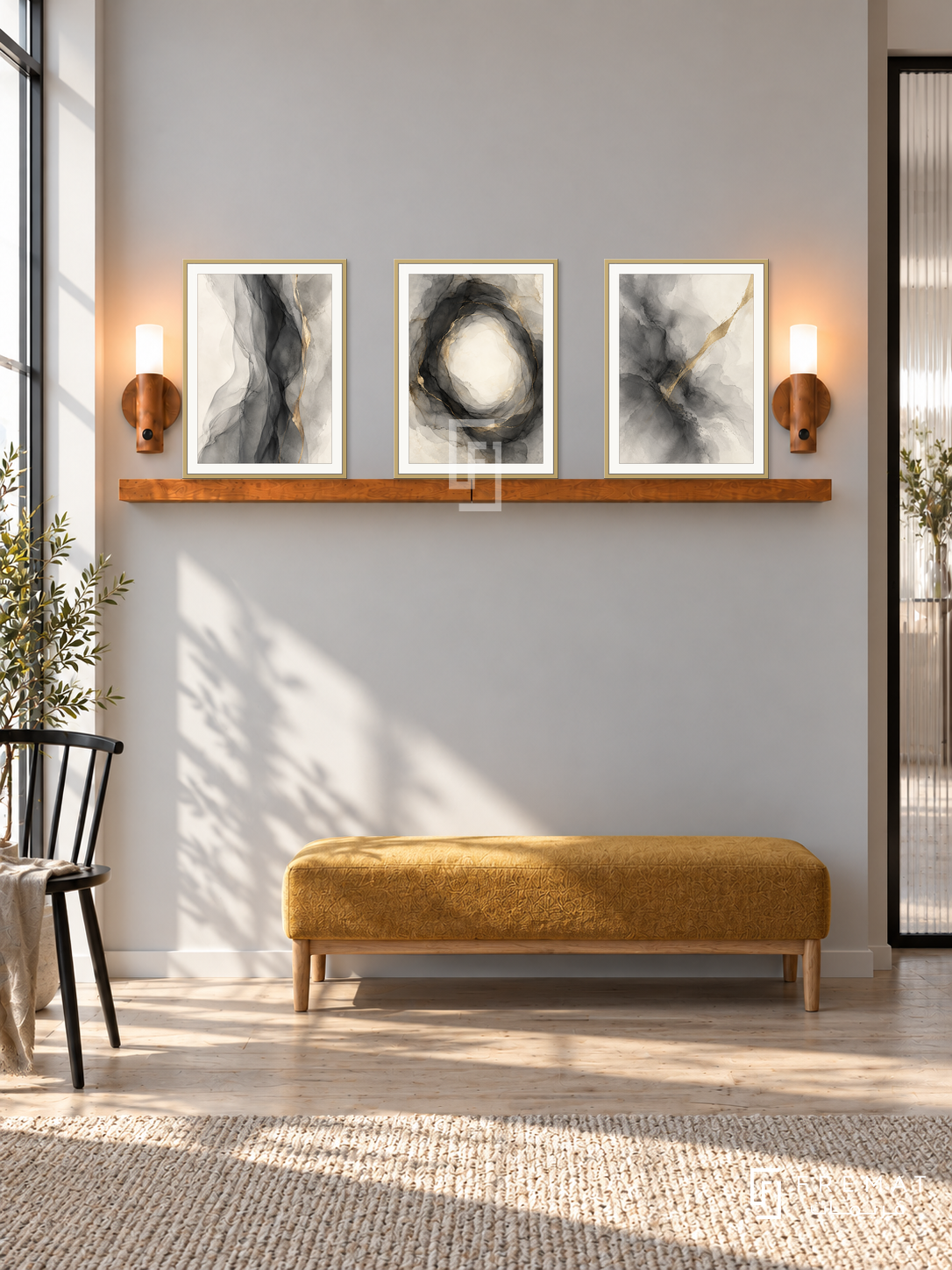 Smoke and Brass complete shelf set in gold frames: three 30 x 40 cm artworks, 2 cm white borders, honey wood shelf and two sensor lamps. Scandinavian corridor in morning light.