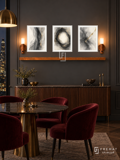 Smoke and Brass complete shelf set in white frames: three 30 x 40 cm artworks, 2 cm white borders, honey wood shelf and two sensor lamps. Art Deco dining room at night.