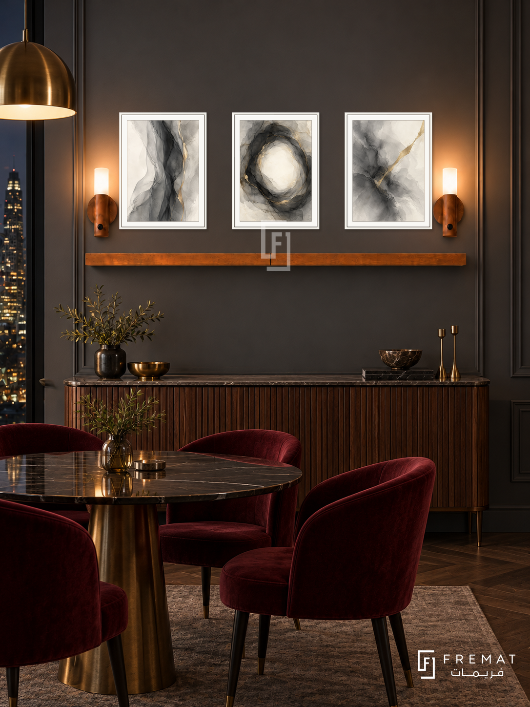 Smoke and Brass complete shelf set in white frames: three 30 x 40 cm artworks, 2 cm white borders, honey wood shelf and two sensor lamps. Art Deco dining room at night.