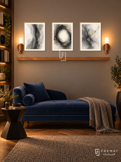 Smoke and Brass complete shelf set in wooden texture frames: three 30 x 40 cm artworks, 2 cm white borders, honey wood shelf and two sensor lamps. Contemporary reading room at night.