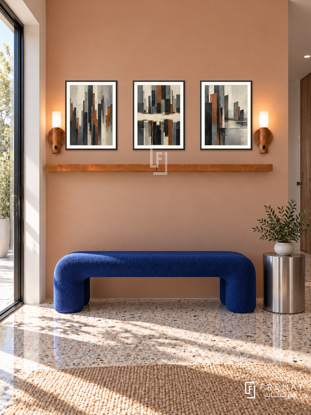 Urban Pulse complete shelf set in black frames: three 30 x 40 cm artworks with 2 cm white borders, honey wood shelf and two sensor lamps. Modern entrance in morning light.