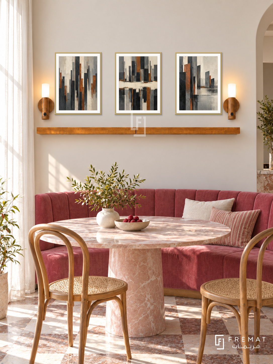 Urban Pulse complete shelf set in gold frames: three 30 x 40 cm artworks with 2 cm white borders, honey wood shelf and two sensor lamps. Colourful dining nook in morning light.
