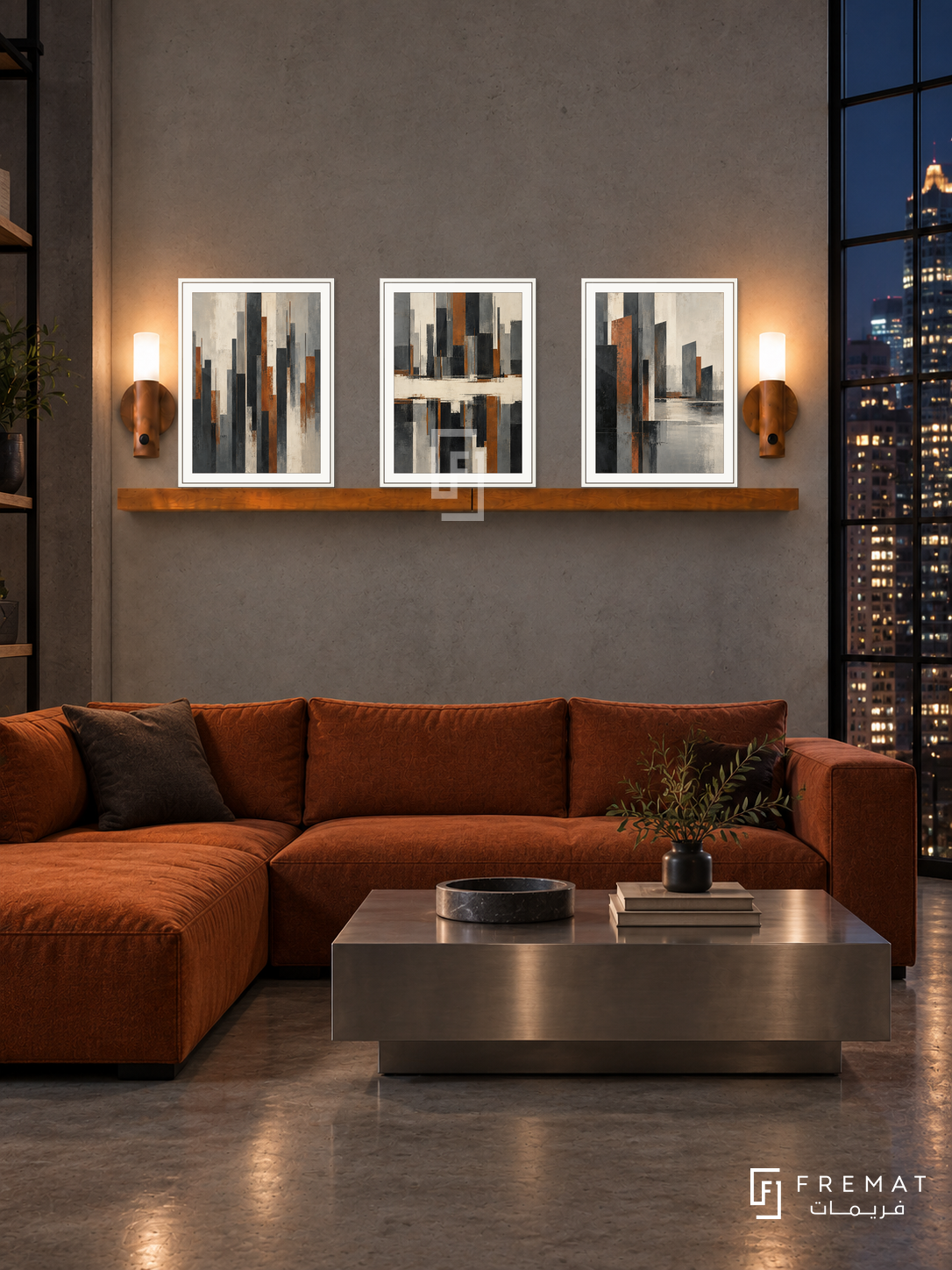 Urban Pulse complete shelf set in white frames: three 30 x 40 cm artworks with 2 cm white borders, honey wood shelf and two sensor lamps. Industrial lounge at night.