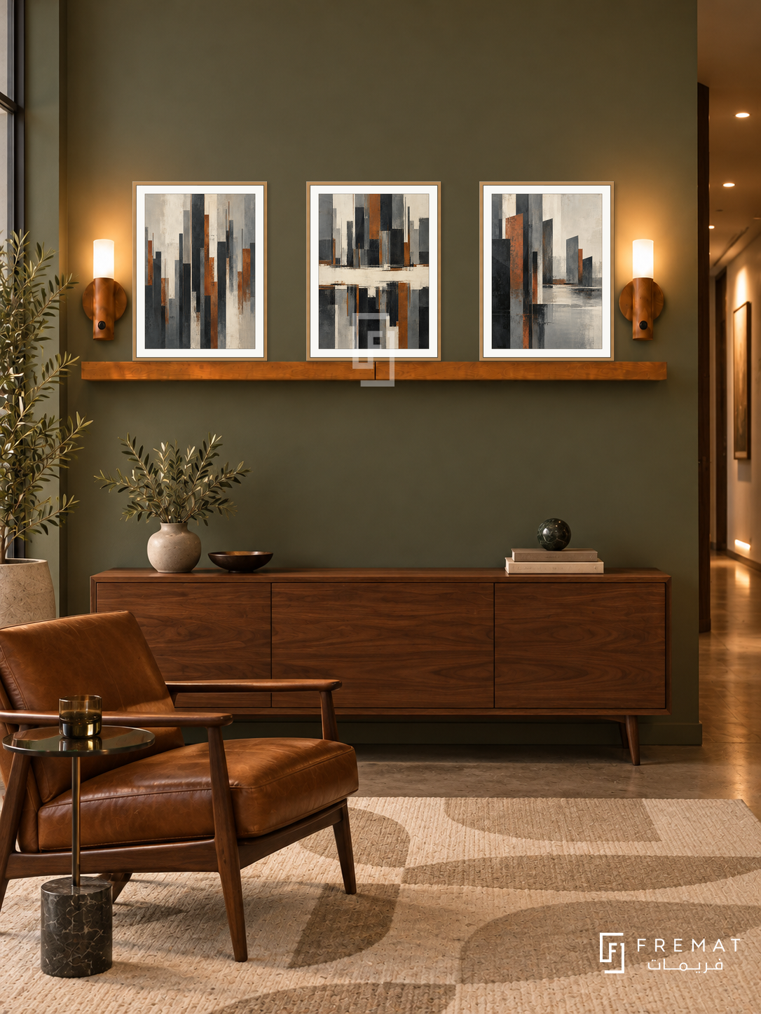 Urban Pulse complete shelf set in wooden texture frames: three 30 x 40 cm artworks with 2 cm white borders, honey wood shelf and two sensor lamps. Midcentury office reception at night.