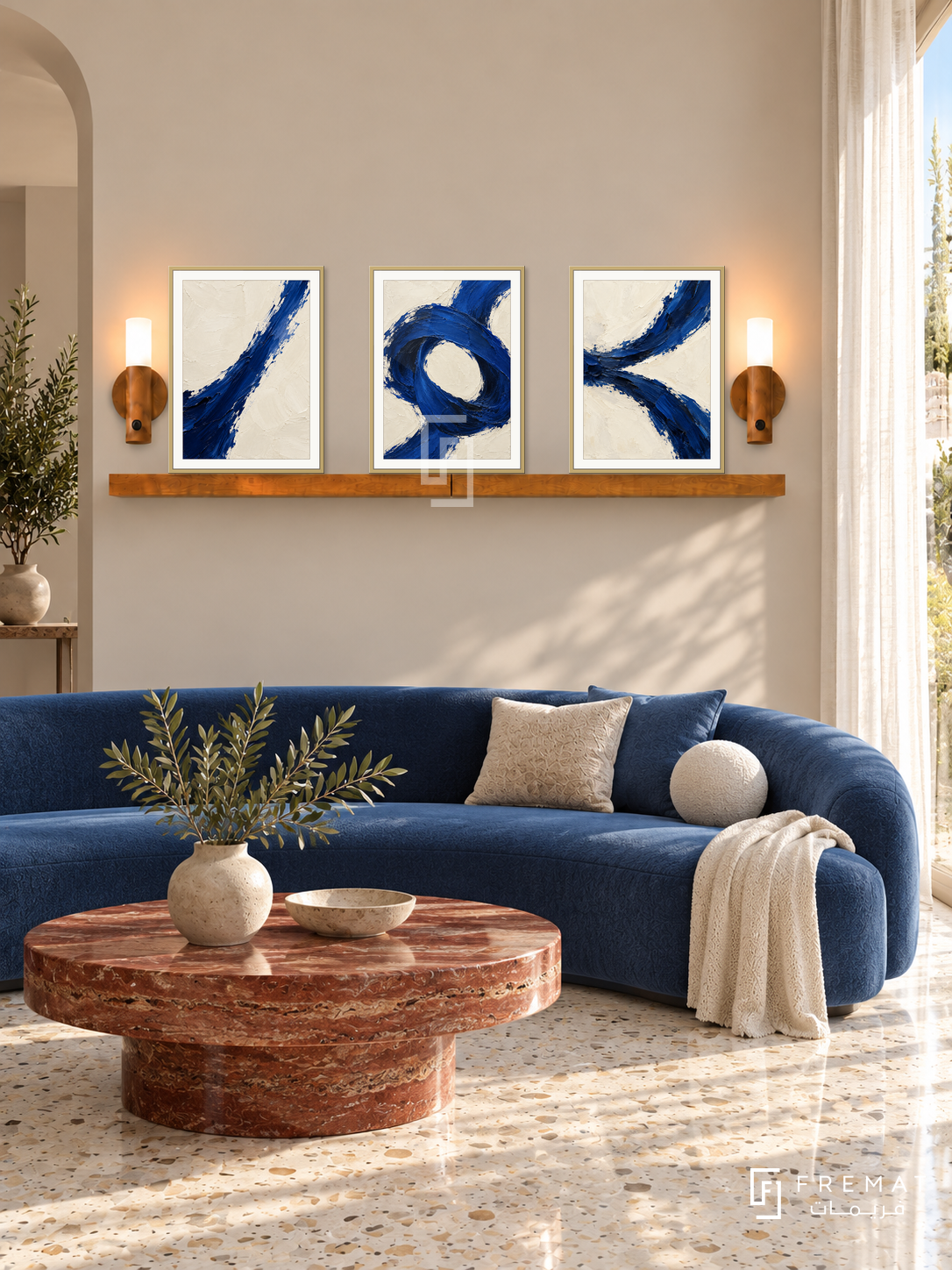 Ultramarine Tension complete shelf set in gold frames: three 30 x 40 cm artworks with equal 2 cm borders, honey wood shelf and two sensor lamps. Italian salon in morning light.
