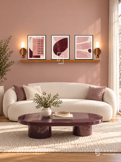 Pink Noise shelf set in black frames, three 30 x 40 cm artworks with 2 cm borders, honey wood shelf and two sensor lamps. Morning modern feminine reception.