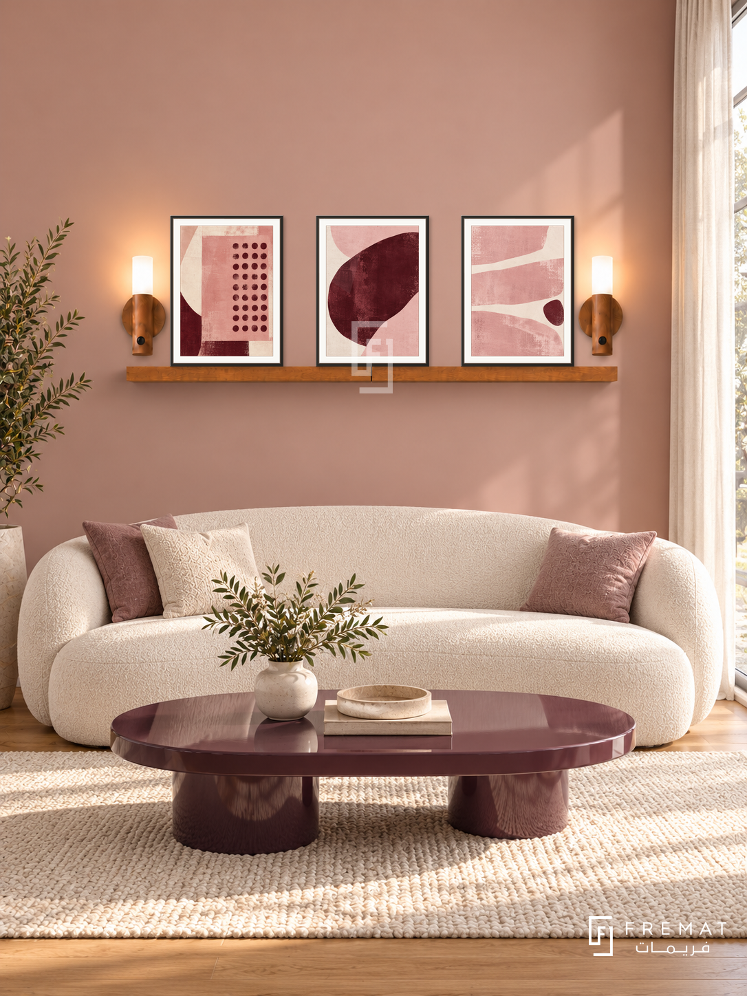 Pink Noise shelf set in black frames, three 30 x 40 cm artworks with 2 cm borders, honey wood shelf and two sensor lamps. Morning modern feminine reception.