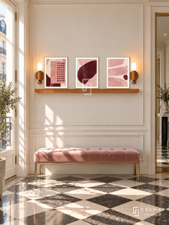Pink Noise shelf set in gold frames, three 30 x 40 cm artworks with 2 cm borders, honey wood shelf and two sensor lamps. Morning Parisian corridor.