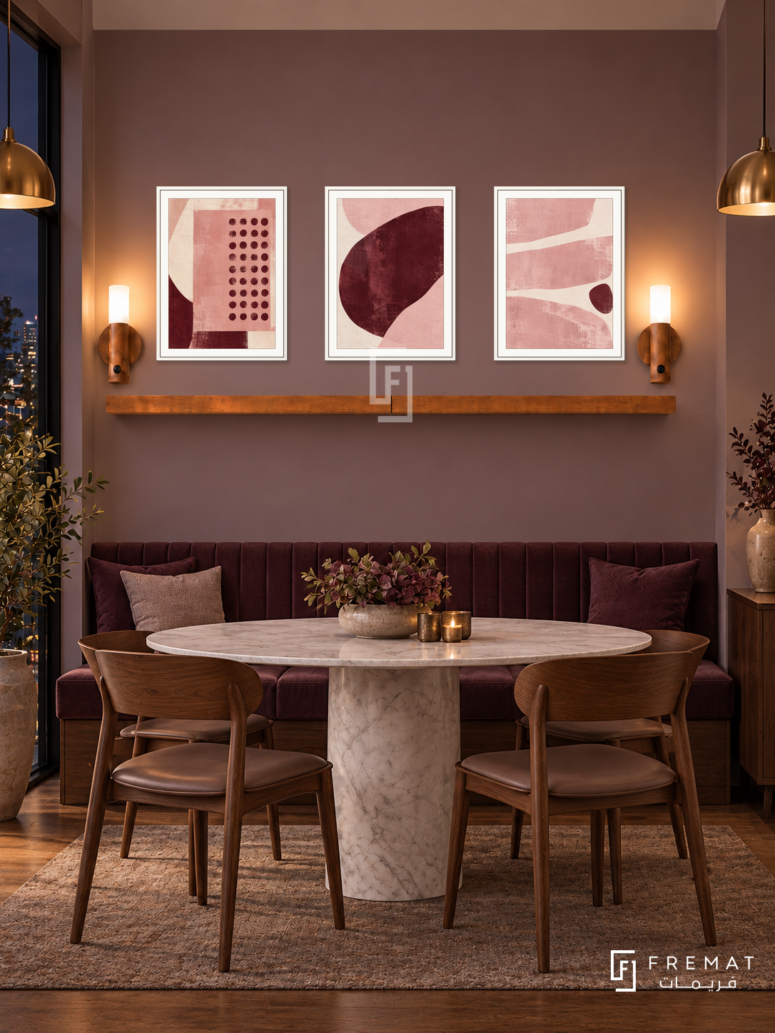 Pink Noise shelf set in white frames, three 30 x 40 cm artworks with 2 cm borders, honey wood shelf and two sensor lamps. Night contemporary mauve dining room.