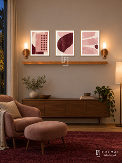 Pink Noise shelf set in wooden texture frames, three 30 x 40 cm artworks with 2 cm borders, honey wood shelf and two sensor lamps. Night Scandinavian reading corner.