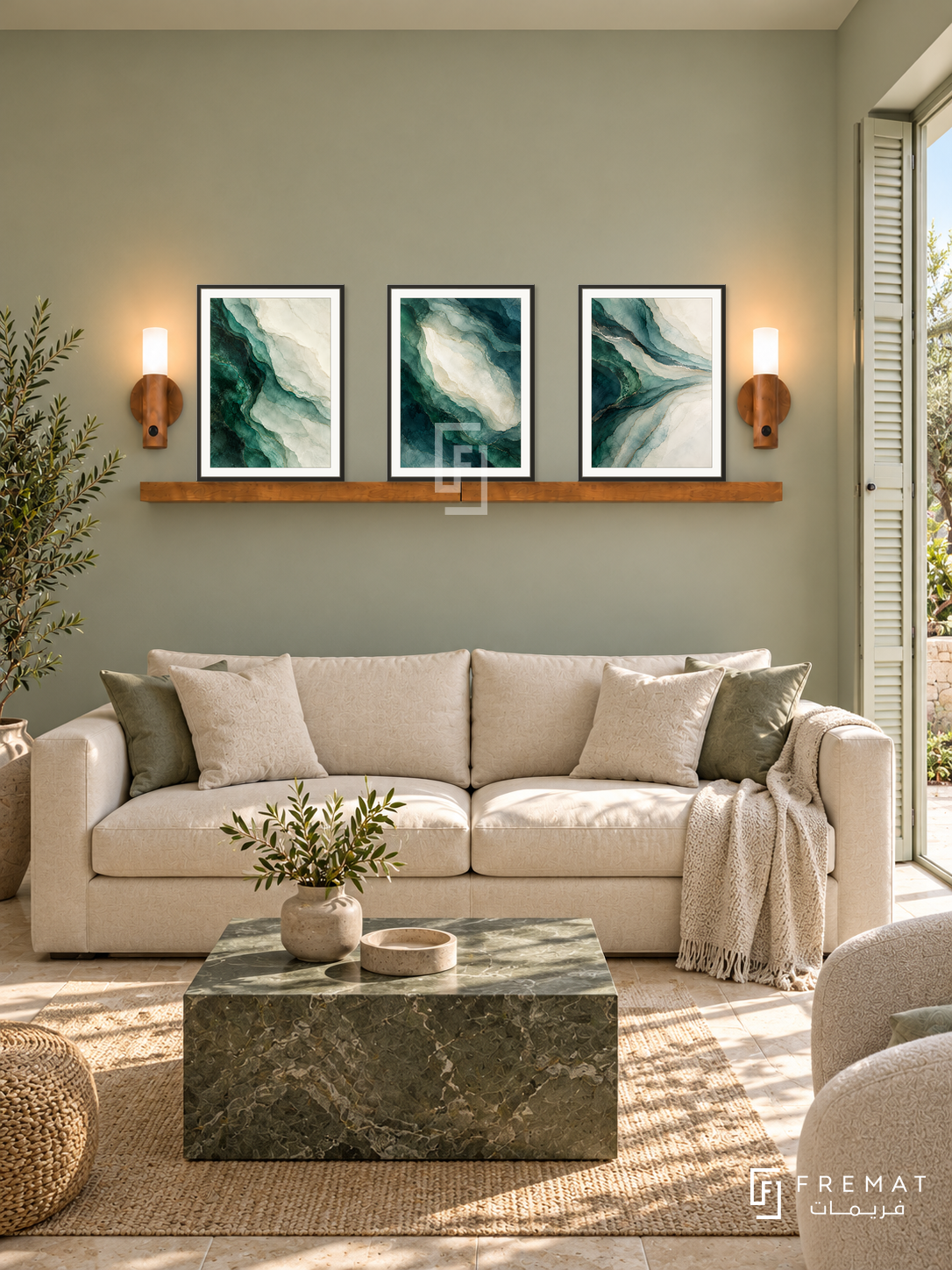 Mineral Spectrum shelf set in black frames, three 30 x 40 cm artworks with 2 cm borders, honey wood shelf and two sensor lamps. Morning Mediterranean contemporary salon.