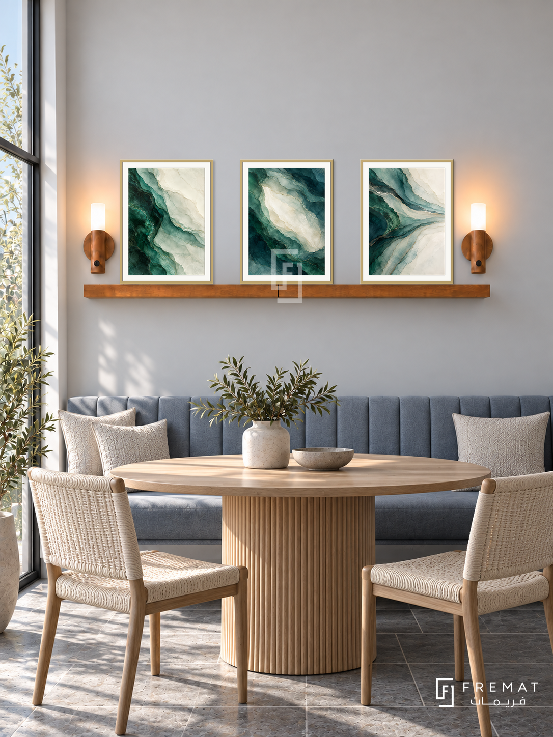 Mineral Spectrum shelf set in gold frames, three 30 x 40 cm artworks with 2 cm borders, honey wood shelf and two sensor lamps. Morning elegant mineral grey dining room.
