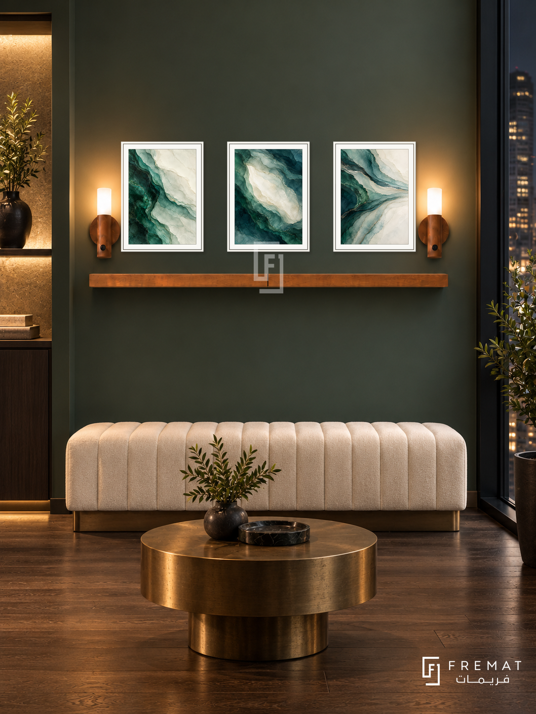 Mineral Spectrum shelf set in white frames, three 30 x 40 cm artworks with 2 cm borders, honey wood shelf and two sensor lamps. Night urban emerald reception.