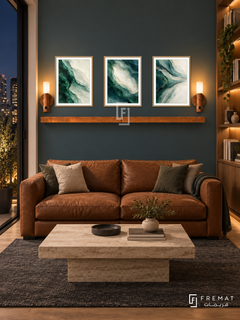 Mineral Spectrum shelf set in wooden texture frames, three 30 x 40 cm artworks with 2 cm borders, honey wood shelf and two sensor lamps. Night warm modern study.