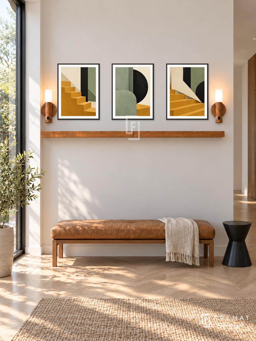 Paper City shelf set in black frames, three 30 x 40 cm artworks with 2 cm borders, honey wood shelf and two sensor lamps. Morning quiet modern hallway.