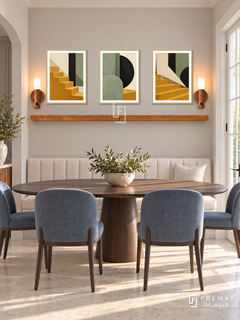 Paper City shelf set in gold frames, three 30 x 40 cm artworks with 2 cm borders, honey wood shelf and two sensor lamps. Morning classic contemporary dining room.