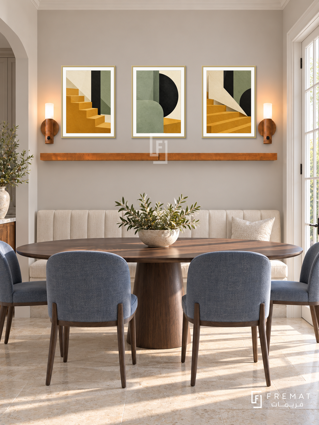 Paper City shelf set in gold frames, three 30 x 40 cm artworks with 2 cm borders, honey wood shelf and two sensor lamps. Morning classic contemporary dining room.