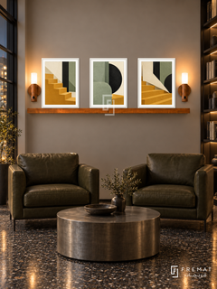 Paper City shelf set in white frames, three 30 x 40 cm artworks with 2 cm borders, honey wood shelf and two sensor lamps. Night industrial library reception.