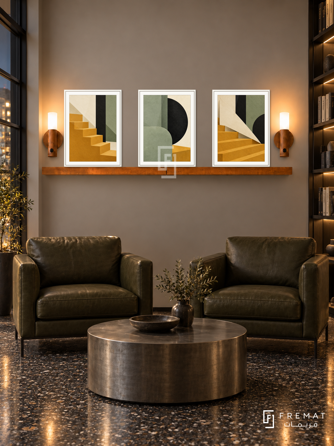 Paper City shelf set in white frames, three 30 x 40 cm artworks with 2 cm borders, honey wood shelf and two sensor lamps. Night industrial library reception.