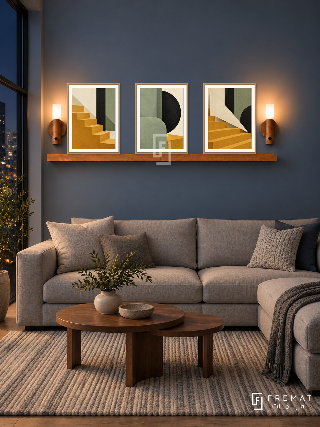 Paper City shelf set in wooden texture frames, three 30 x 40 cm artworks with 2 cm borders, honey wood shelf and two sensor lamps. Night minimalist apartment lounge.