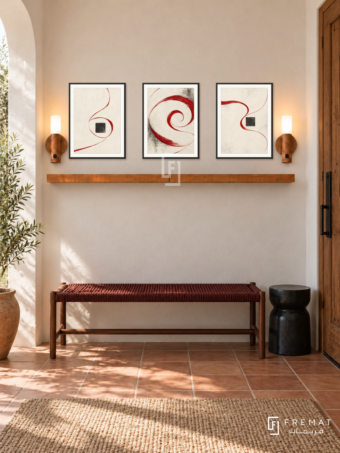 Red Thread shelf set in black frames, three 30 x 40 cm artworks with 2 cm borders, honey wood shelf and two sensor lamps. Morning contemporary Spanish entrance.