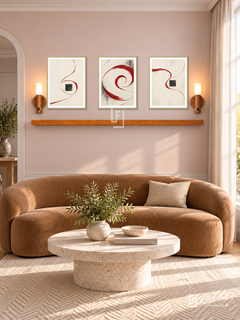 Red Thread shelf set in gold frames, three 30 x 40 cm artworks with 2 cm borders, honey wood shelf and two sensor lamps. Morning modern French sitting room.