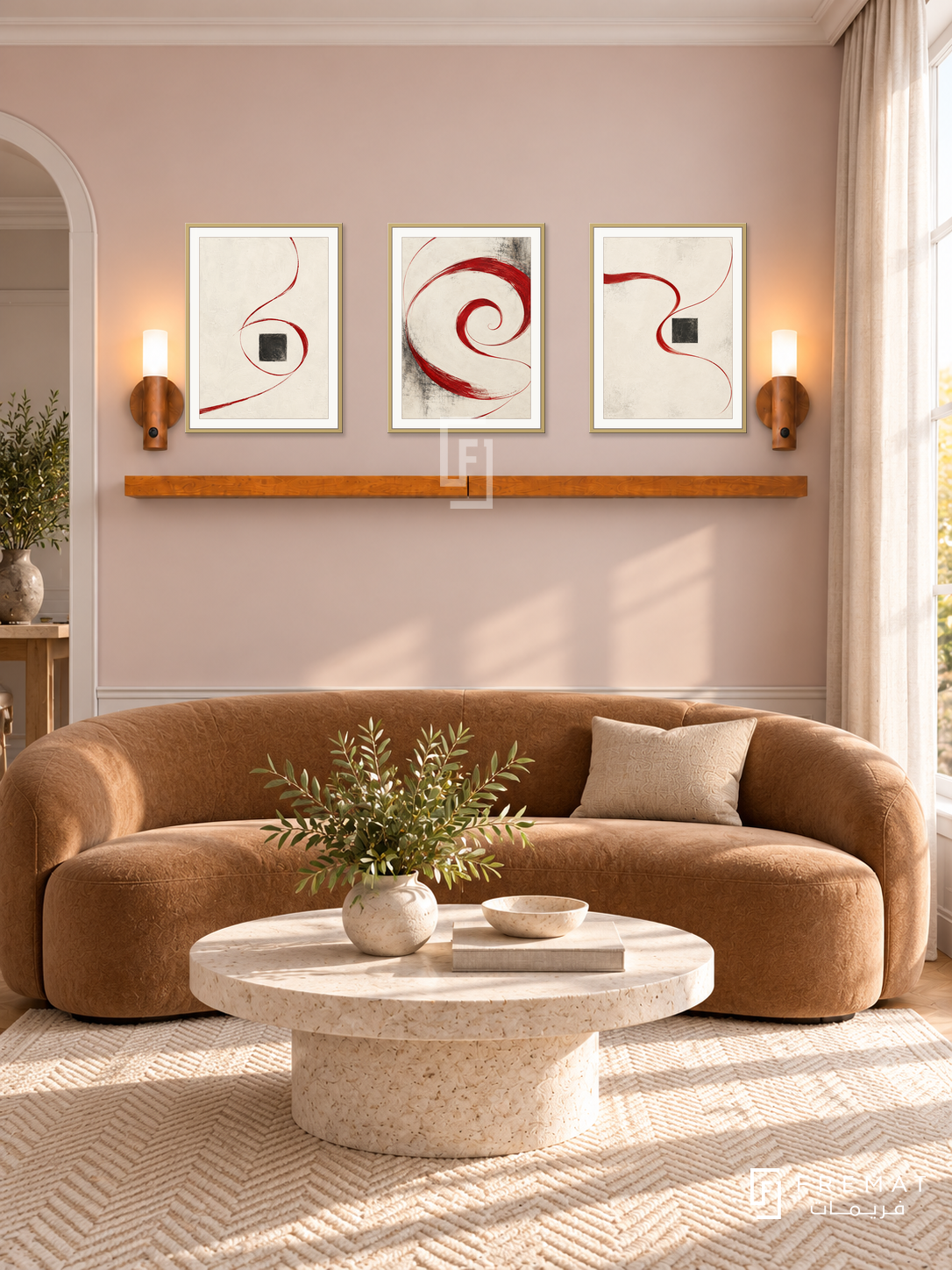 Red Thread shelf set in gold frames, three 30 x 40 cm artworks with 2 cm borders, honey wood shelf and two sensor lamps. Morning modern French sitting room.