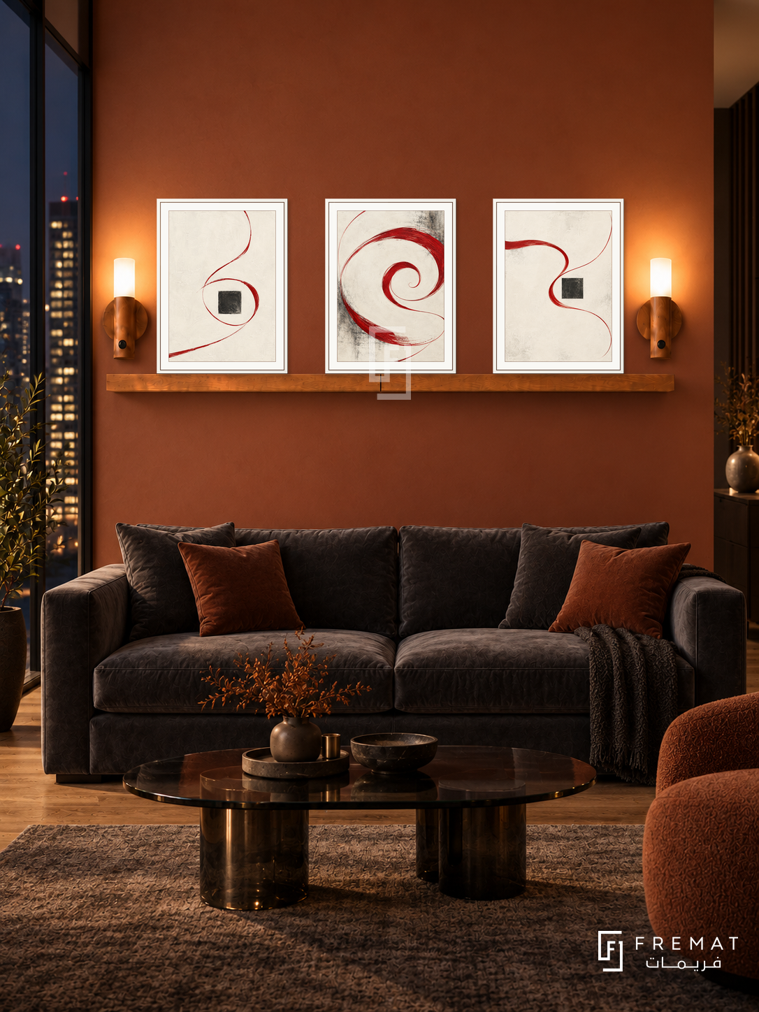 Red Thread shelf set in white frames, three 30 x 40 cm artworks with 2 cm borders, honey wood shelf and two sensor lamps. Night theatrical modern salon.