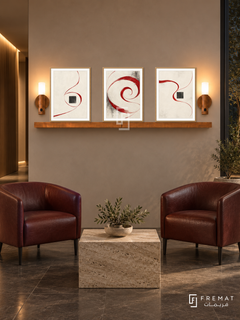 Red Thread shelf set in wooden texture frames, three 30 x 40 cm artworks with 2 cm borders, honey wood shelf and two sensor lamps. Night architectural reception.