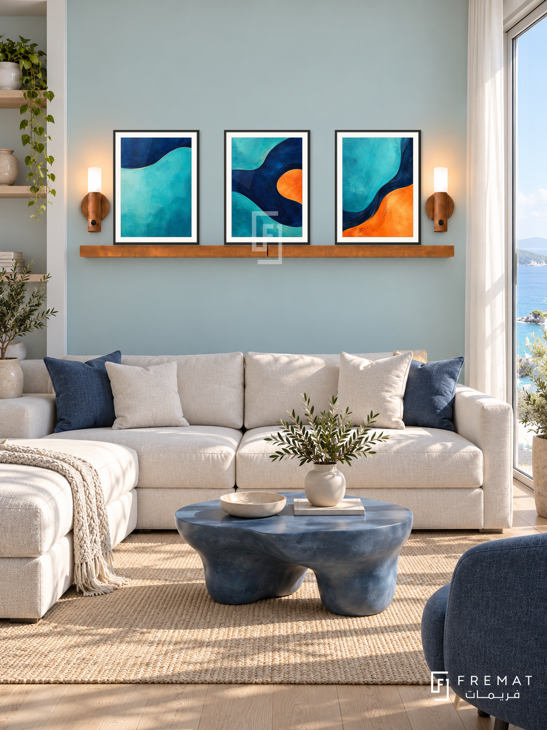 Chromatic Tides shelf set in black frames, three 30 x 40 cm artworks with 2 cm borders, honey wood shelf and two sensor lamps. Morning airy contemporary lounge.