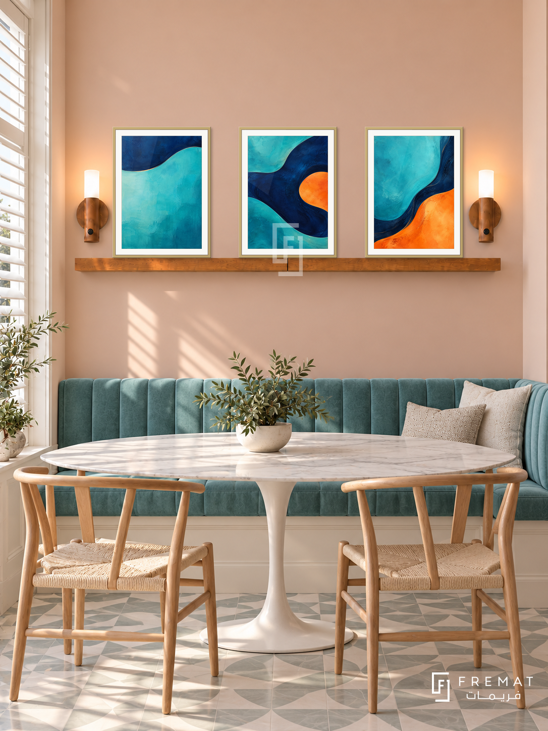 Chromatic Tides shelf set in gold frames, three 30 x 40 cm artworks with 2 cm borders, honey wood shelf and two sensor lamps. Morning refined dining alcove.