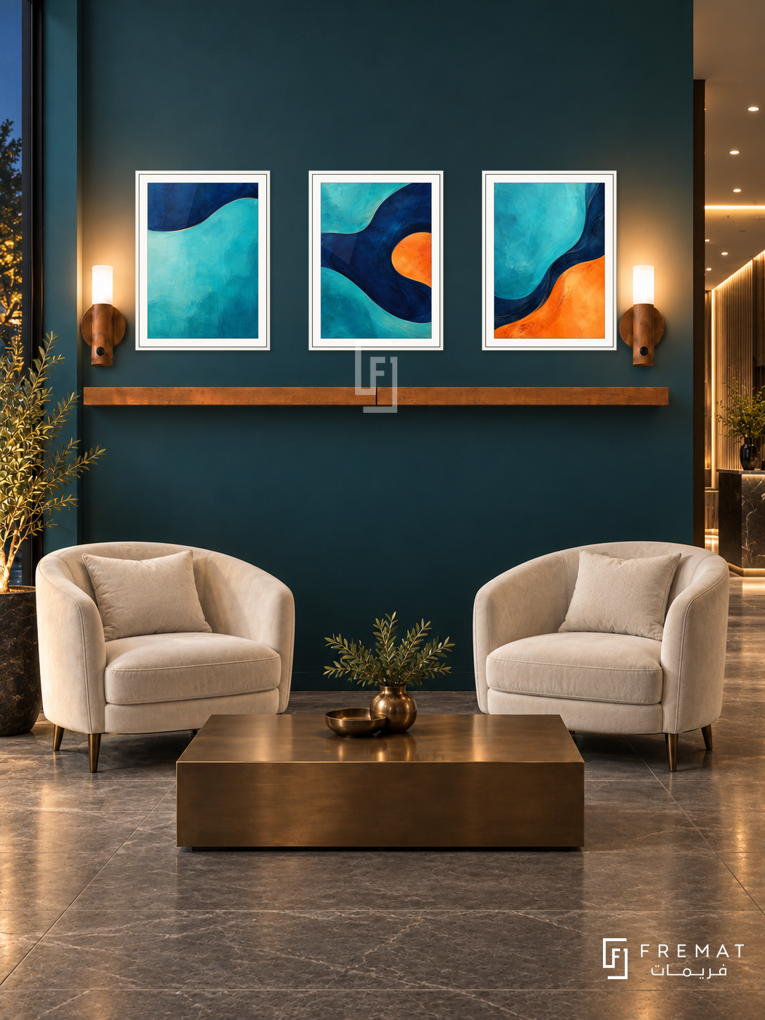 Chromatic Tides shelf set in white frames, three 30 x 40 cm artworks with 2 cm borders, honey wood shelf and two sensor lamps. Night modern hotel style reception.