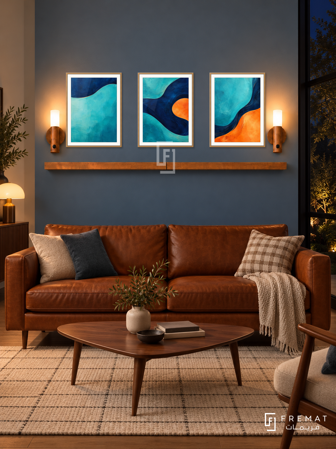 Chromatic Tides shelf set in wooden texture frames, three 30 x 40 cm artworks with 2 cm borders, honey wood shelf and two sensor lamps. Night intimate midcentury living room.