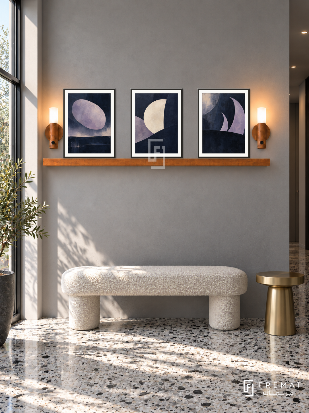 Nocturne shelf set in black frames, three 30 x 40 cm artworks with 2 cm borders, honey wood shelf and two sensor lamps. Morning contemporary charcoal-grey hallway.