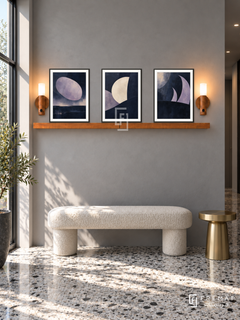 Nocturne shelf set in black frames, three 30 x 40 cm artworks with 2 cm borders, honey wood shelf and two sensor lamps. Morning contemporary charcoal-grey hallway.