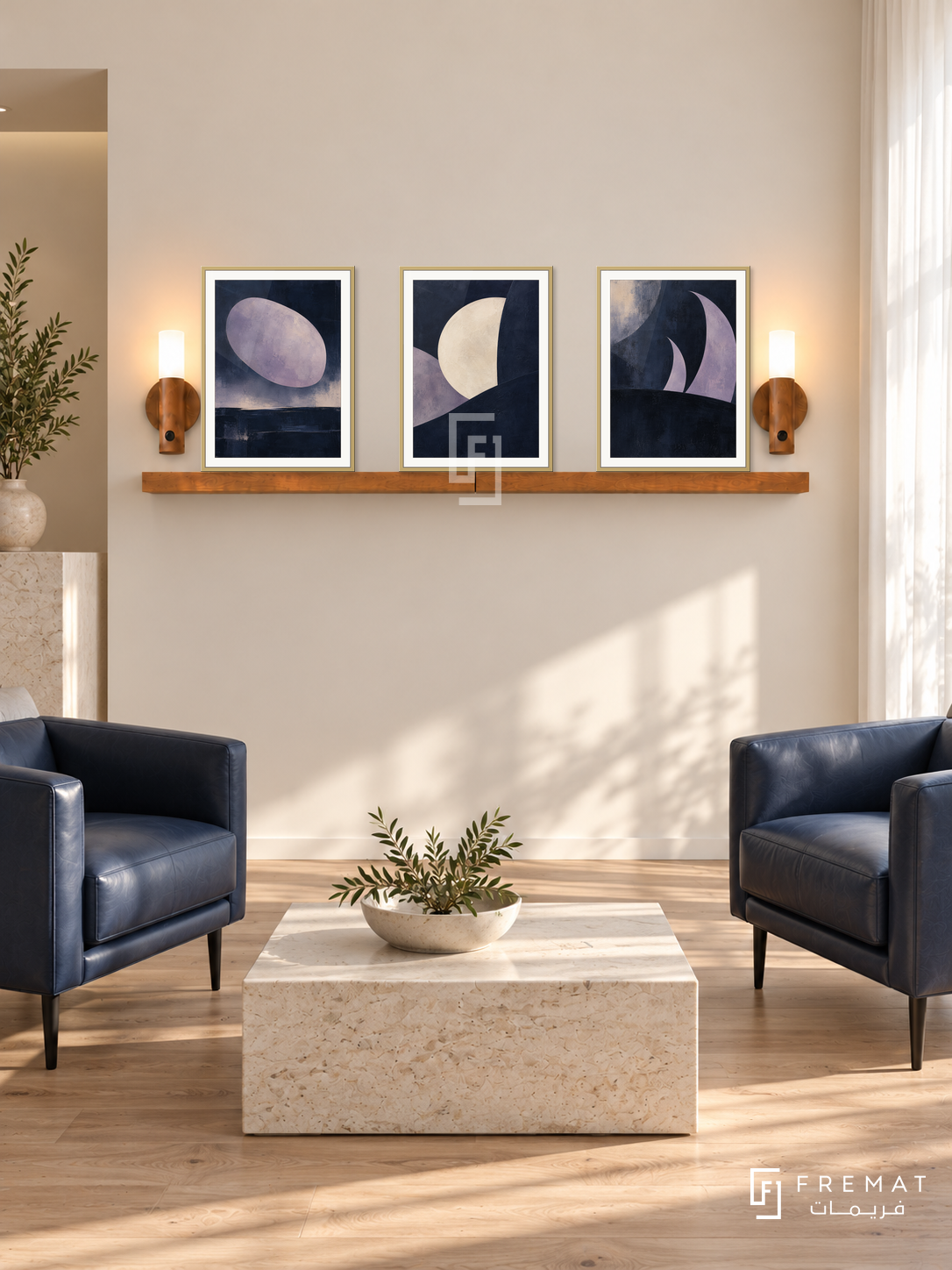 Nocturne shelf set in gold frames, three 30 x 40 cm artworks with 2 cm borders, honey wood shelf and two sensor lamps. Morning minimalist cream reception.