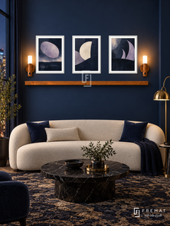 Nocturne shelf set in white frames, three 30 x 40 cm artworks with 2 cm borders, honey wood shelf and two sensor lamps. Night luxurious deep navy salon.
