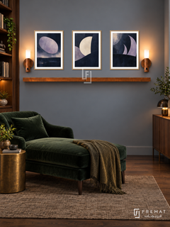 Nocturne shelf set in wooden texture frames, three 30 x 40 cm artworks with 2 cm borders, honey wood shelf and two sensor lamps. Night modern walnut study.