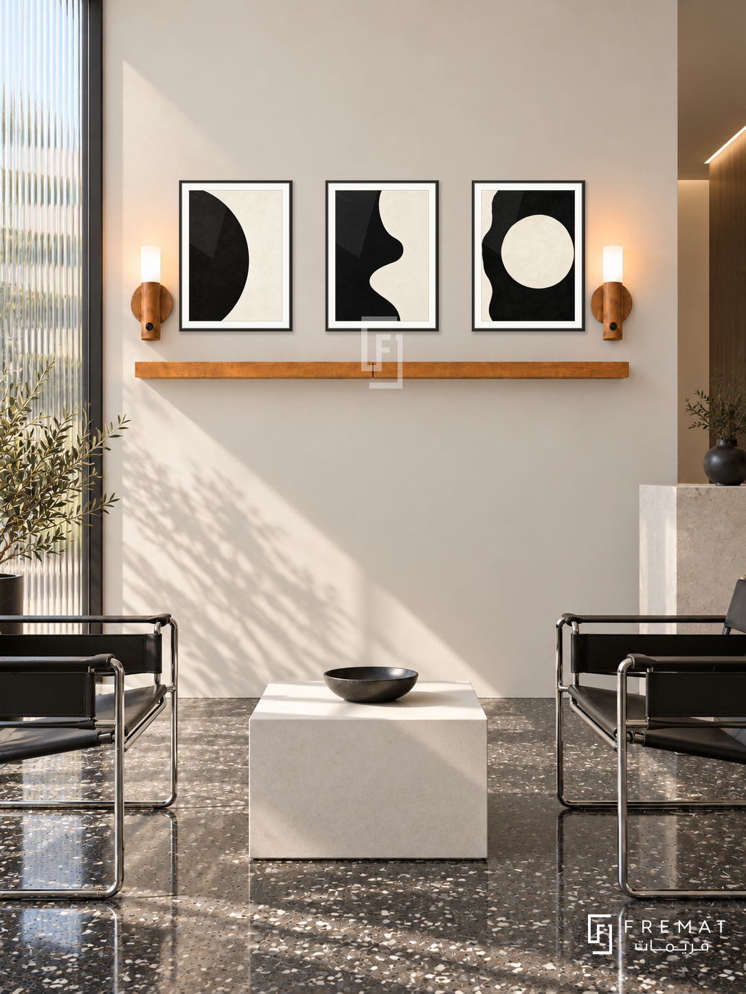 Positive Negative shelf set in black frames, three 30 x 40 cm artworks with 2 cm borders, honey wood shelf and two sensor lamps. Morning monochrome Bauhaus reception.