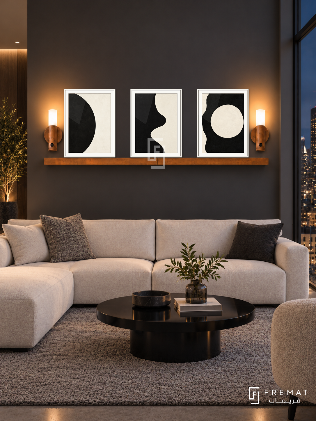Positive Negative shelf set in white frames, three 30 x 40 cm artworks with 2 cm borders, honey wood shelf and two sensor lamps. Night gallery-like apartment lounge.