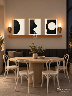 Positive Negative shelf set in wooden texture frames, three 30 x 40 cm artworks with 2 cm borders, honey wood shelf and two sensor lamps. Night Scandinavian dining alcove.