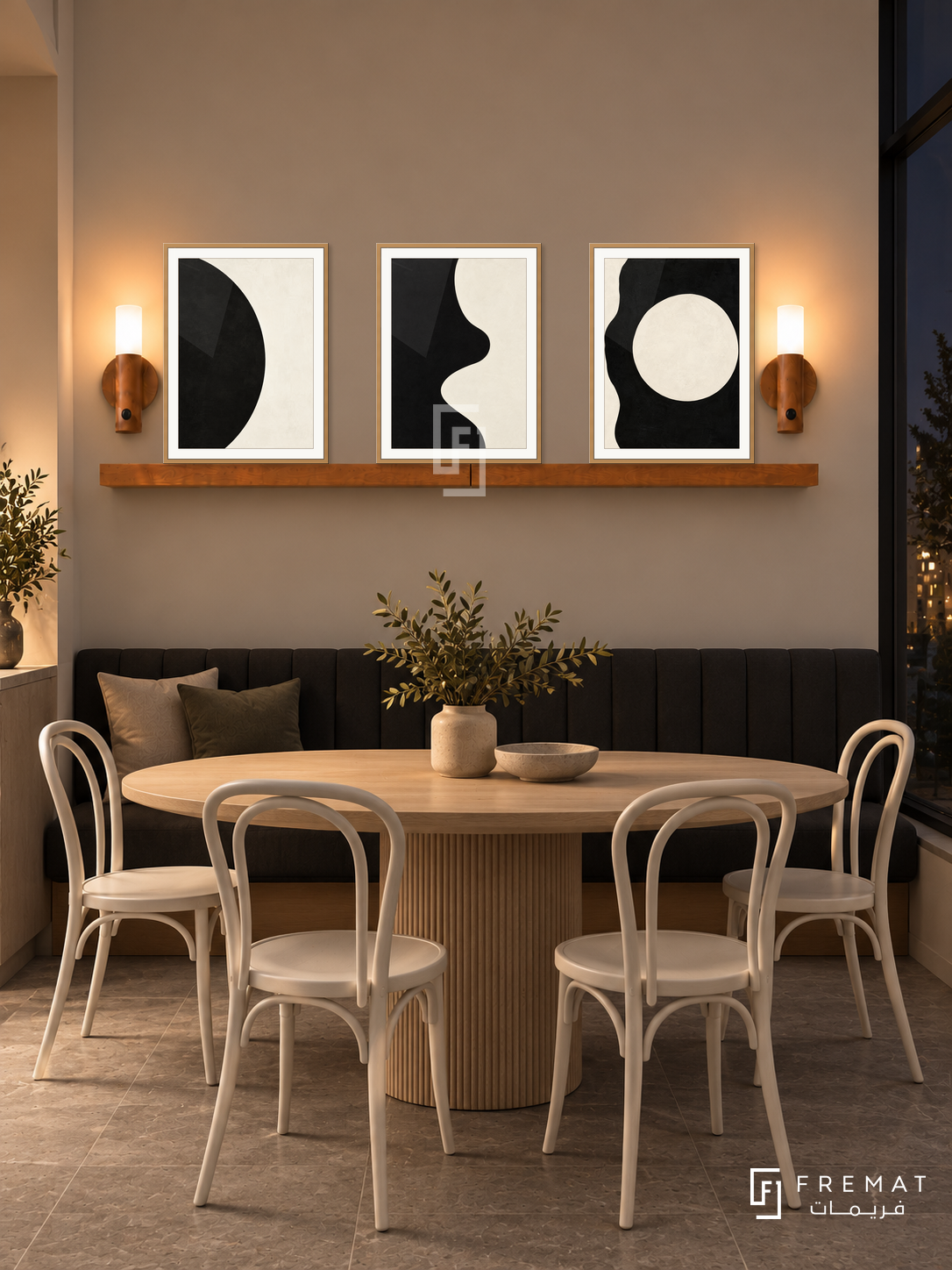 Positive Negative shelf set in wooden texture frames, three 30 x 40 cm artworks with 2 cm borders, honey wood shelf and two sensor lamps. Night Scandinavian dining alcove.