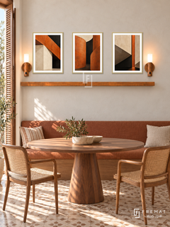 Burnt Orange Architecture shelf set in gold frames, three 30 x 40 cm artworks with 2 cm borders, honey wood shelf and two sensor lamps. Morning Mediterranean dining room.